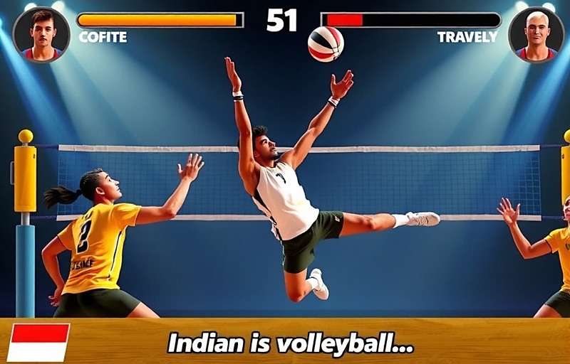 Indian Volleyball Legends - Spike and Block Action Indian Volleyball Legends gameplay showing a player executing a powerful spike with defenders trying to block
