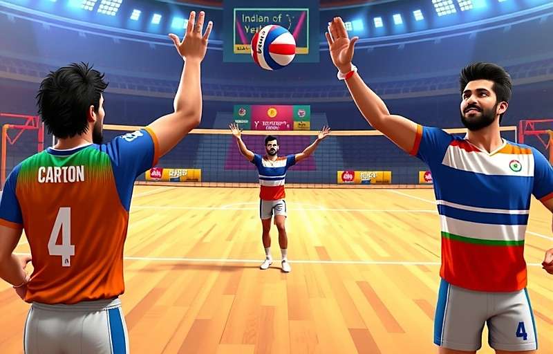 Indian Volleyball Legends - Exciting Match Action Indian Volleyball Legends gameplay showing players in traditional Indian jerseys competing in a vibrant stadium